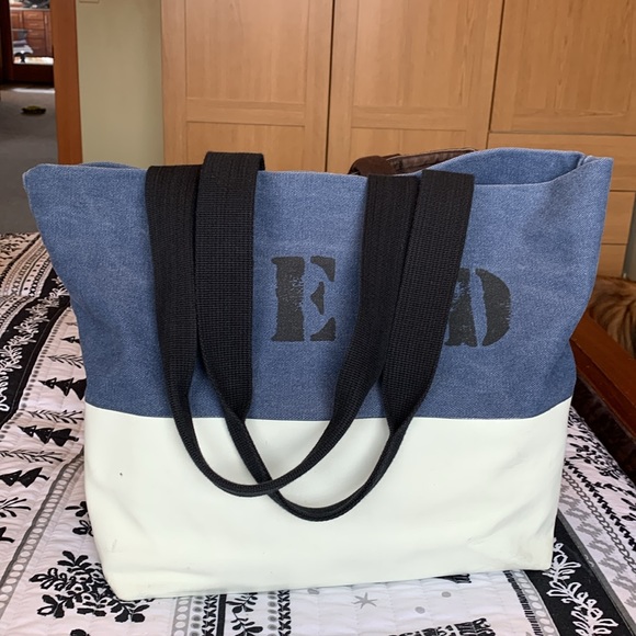 FEED Projects Blue Jean and White Canvas Coated Tote Handbag - Picture 4 of 12